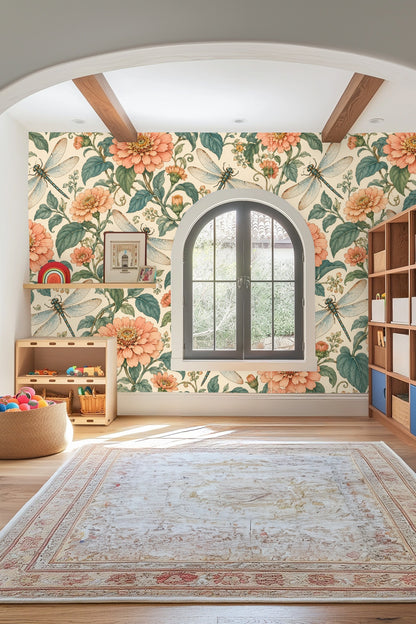 Peach Zinnia Dragonflies wallpaper shown in an interior setting