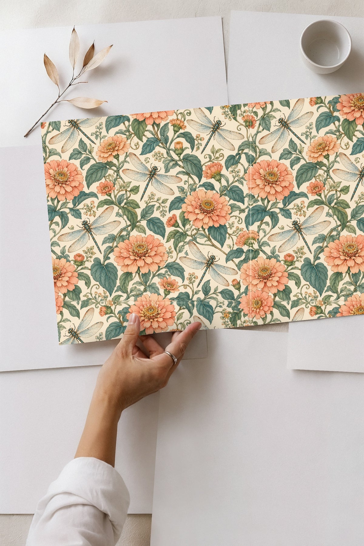Peach Zinnia Dragonflies wallpaper shown in an interior setting