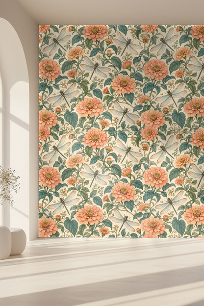 Peach Zinnia Dragonflies wallpaper shown in an interior setting