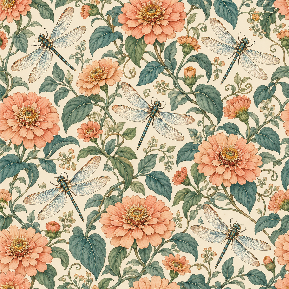 Peach Zinnia Dragonflies wallpaper shown in an interior setting