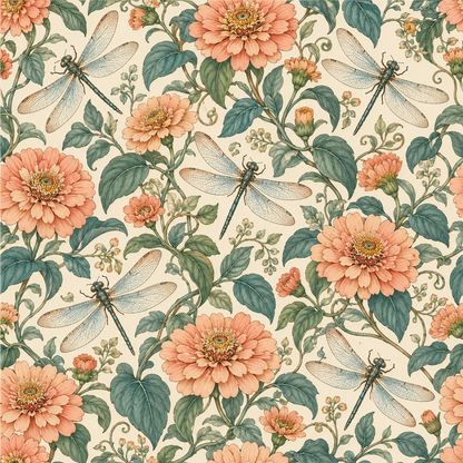 Peach Zinnia Dragonflies wallpaper shown in an interior setting