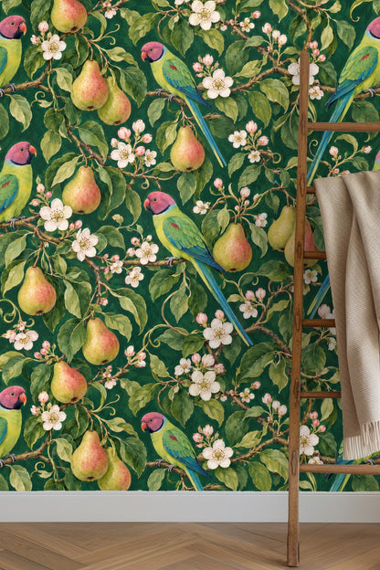 Wallpaper showing interplay of pink flowers and ripe pears