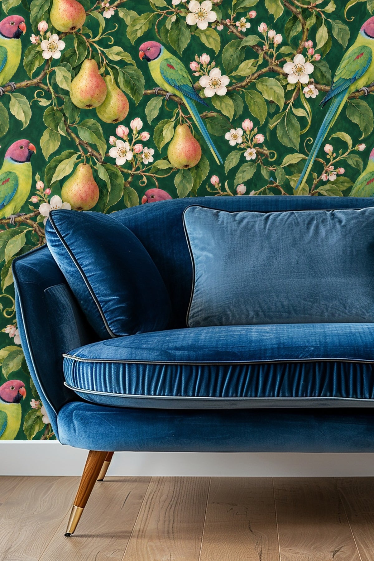 Wallpaper artwork detail showing green leaves, pears, parakeets with pink heads and blue tails on dark green background