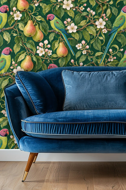 Wallpaper artwork detail showing green leaves, pears, parakeets with pink heads and blue tails on dark green background