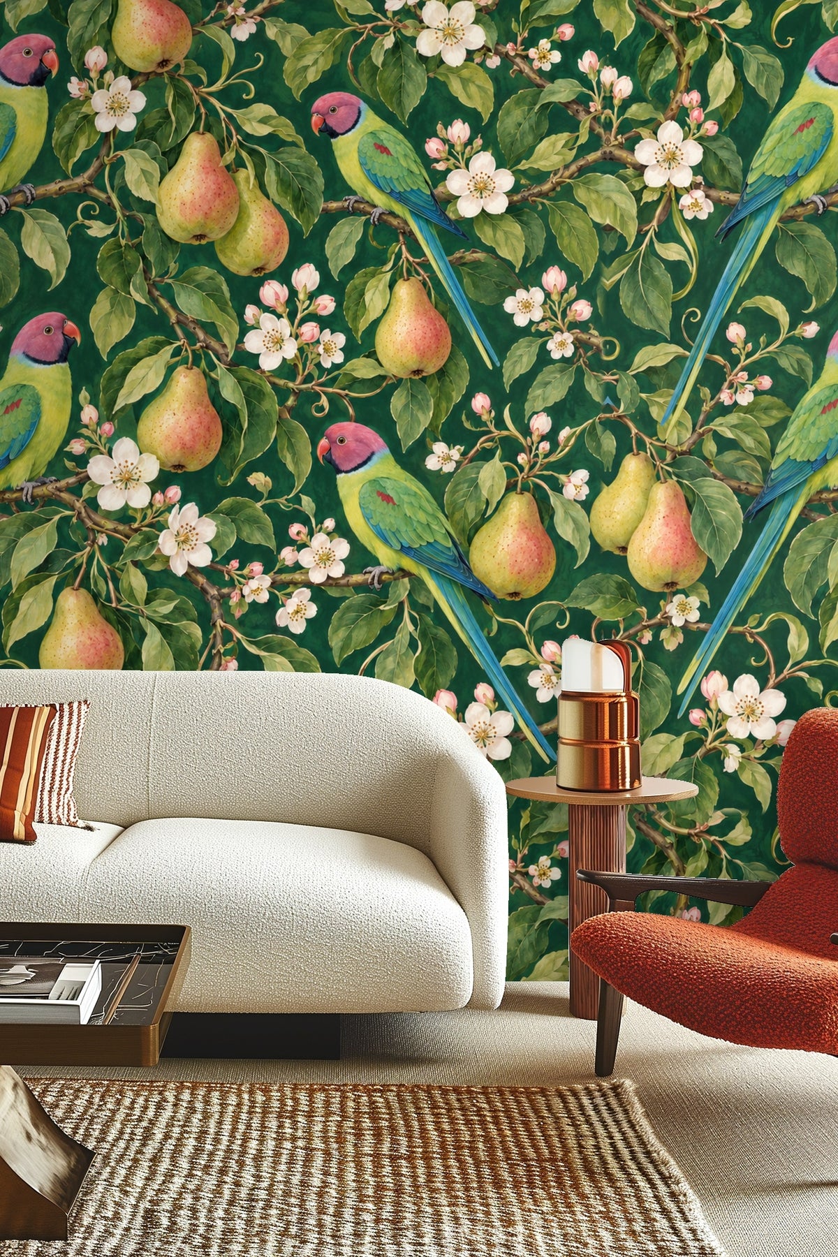 Detailed parakeet perched on branch with white flowers on wallpaper