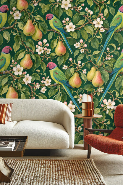 Detailed parakeet perched on branch with white flowers on wallpaper
