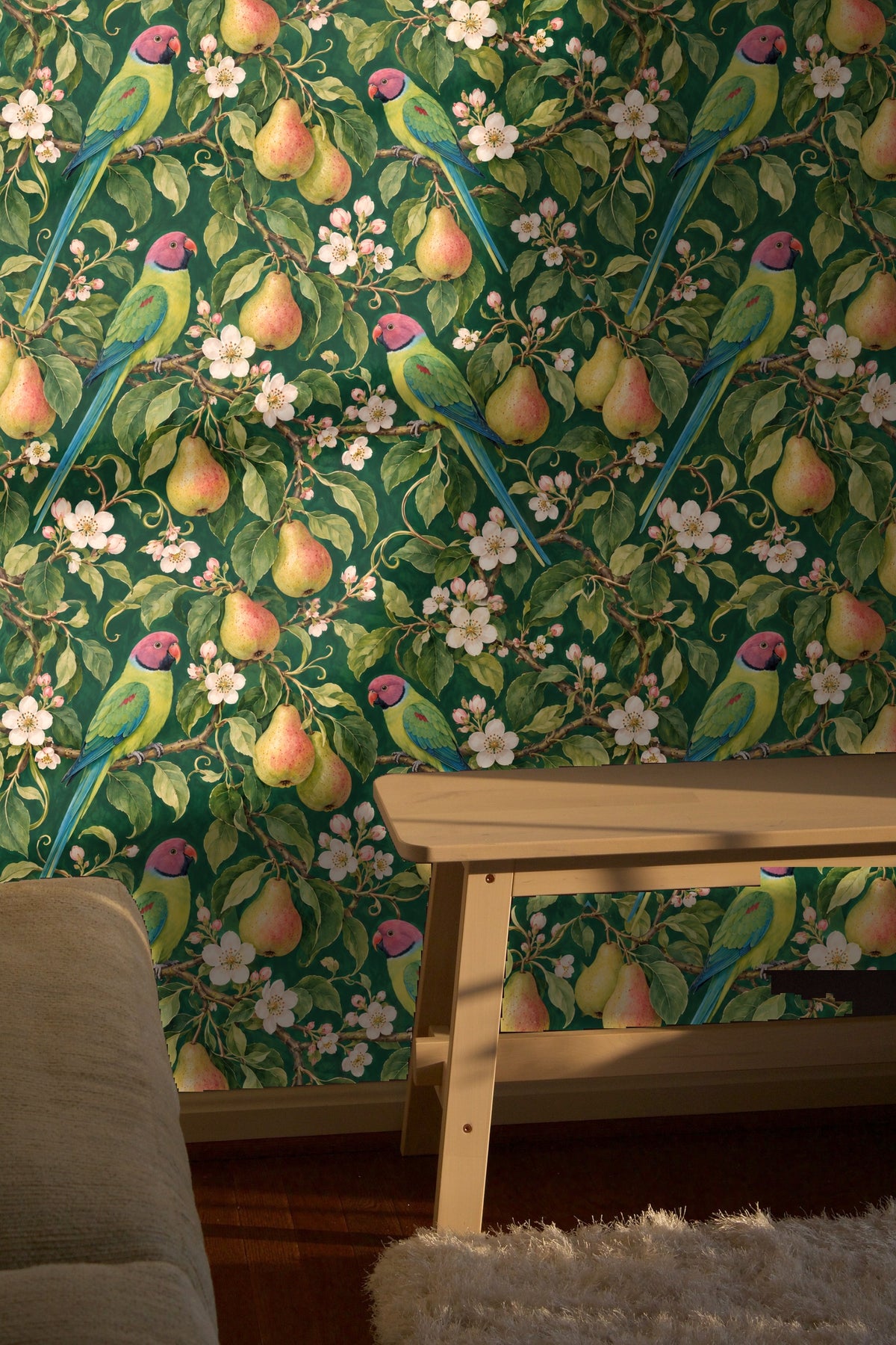 Wallpaper wrapping curved entryway with green leaves and birds