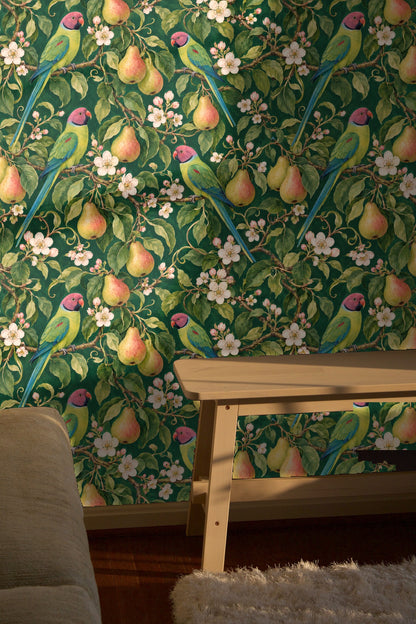 Wallpaper wrapping curved entryway with green leaves and birds