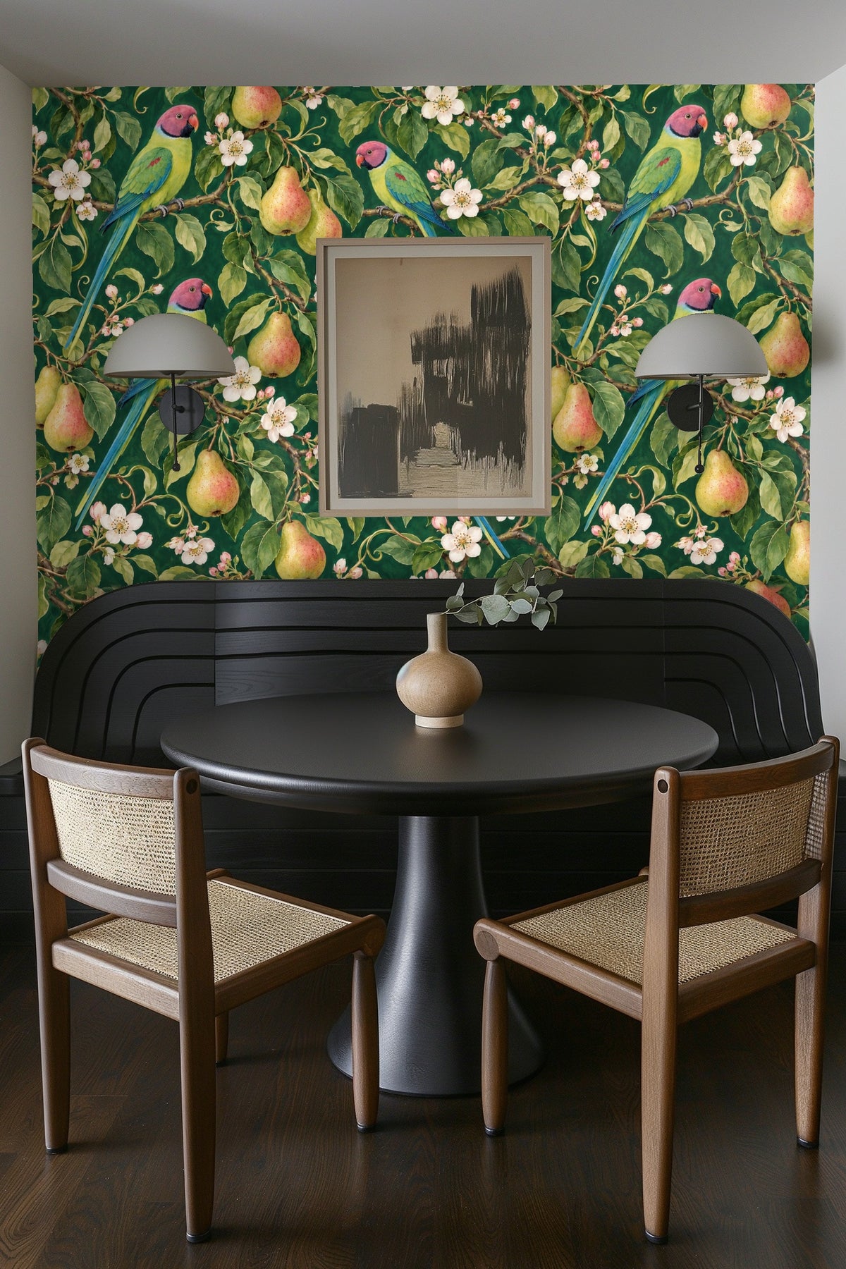 Branch with parakeet perched alongside hanging pears on wallpaper