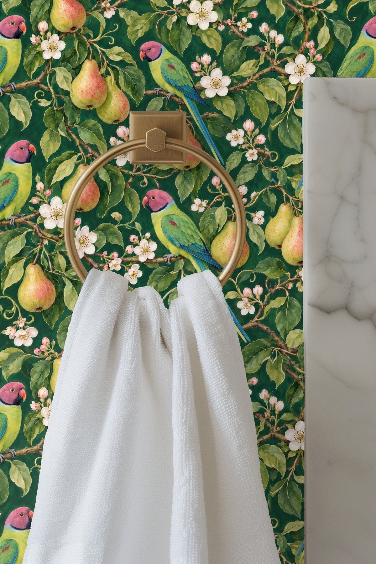 Close shot of wallpaper artwork showing clusters of pears and lush green leaves