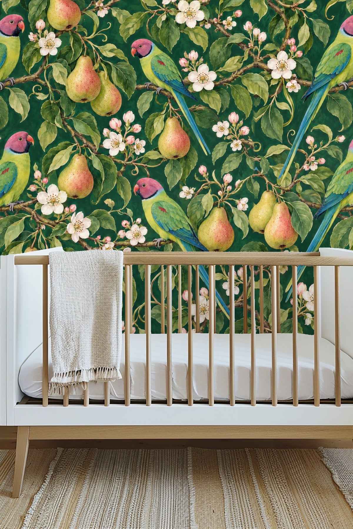 Pattern repeat wallpaper showing pear fruit and leaves with pink flower buds