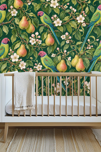 Pattern repeat wallpaper showing pear fruit and leaves with pink flower buds
