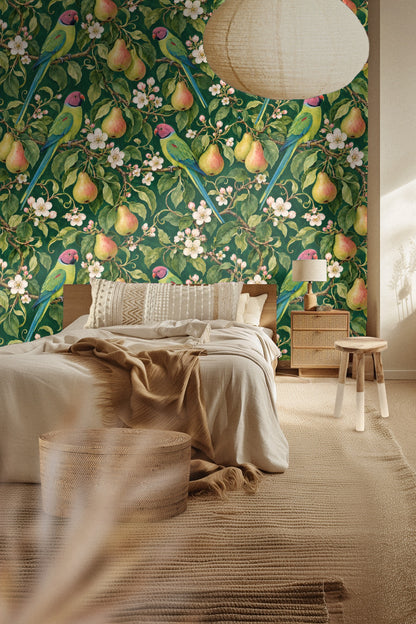 Entryway alcove wall with green botanical wallpaper accented by round mirror and neutral cushion