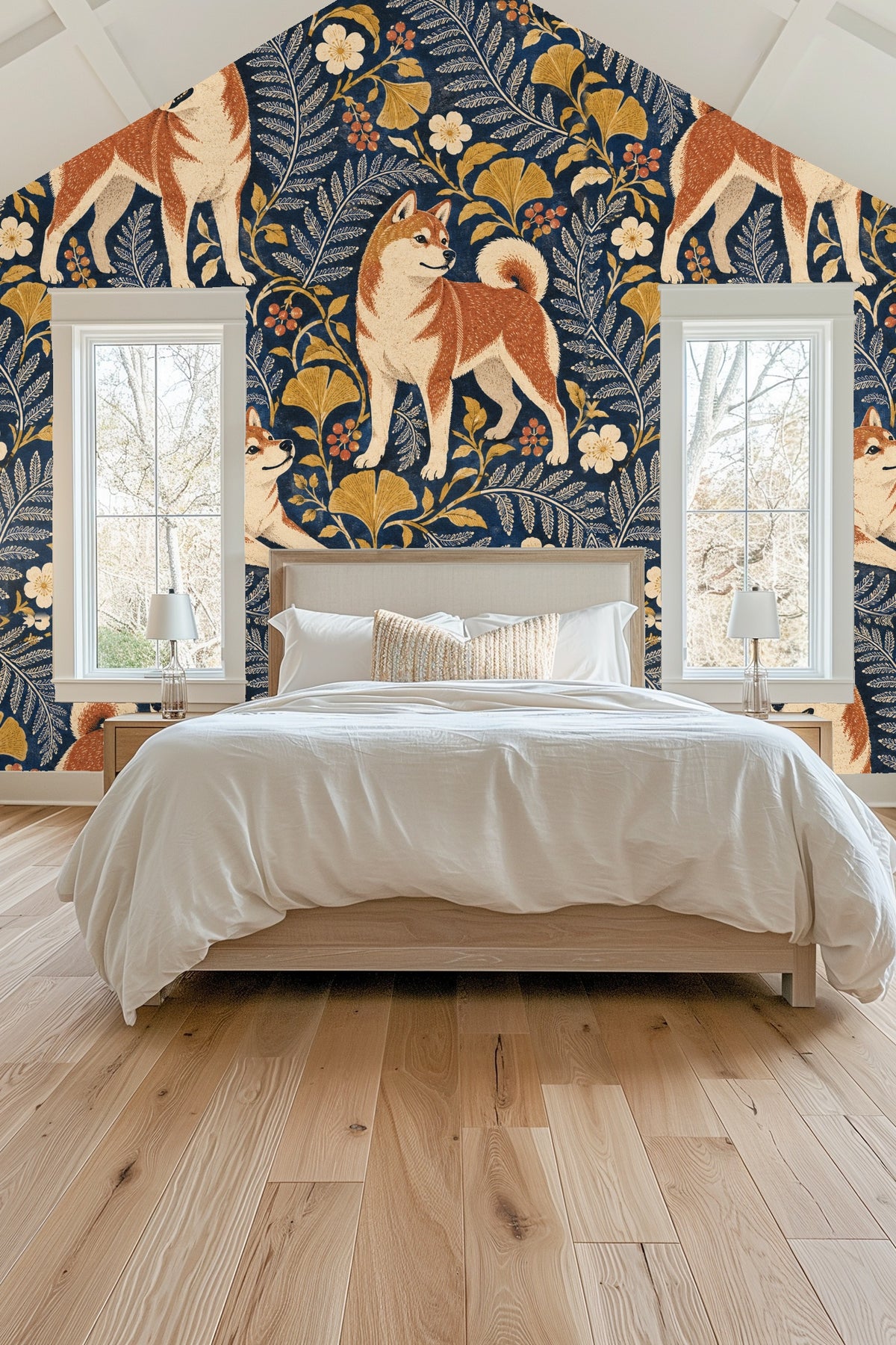 Close-up of wallpaper pattern featuring Shiba Inu dogs with botanical elements on navy background