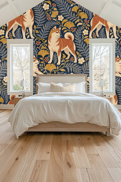 Close-up of wallpaper pattern featuring Shiba Inu dogs with botanical elements on navy background