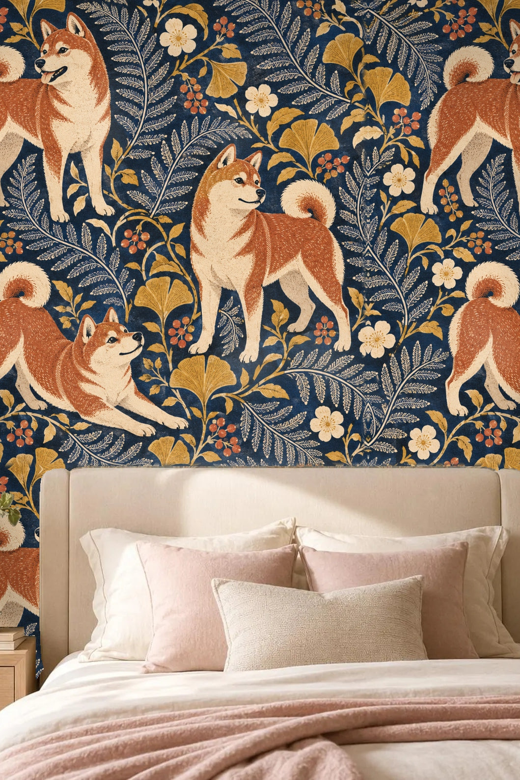 Navy Shiba Floral Folio wallpaper shown in an interior setting