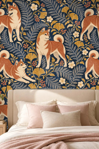 Navy Shiba Floral Folio wallpaper shown in an interior setting