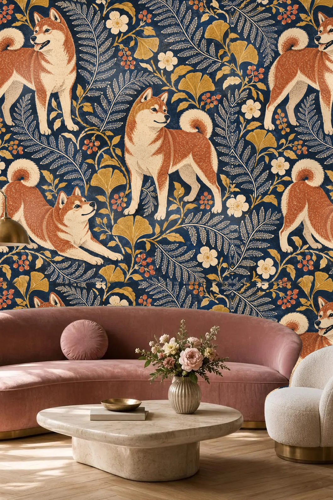 Wide view of bedroom wall covered with Shiba Inu floral wallpaper under vaulted ceiling