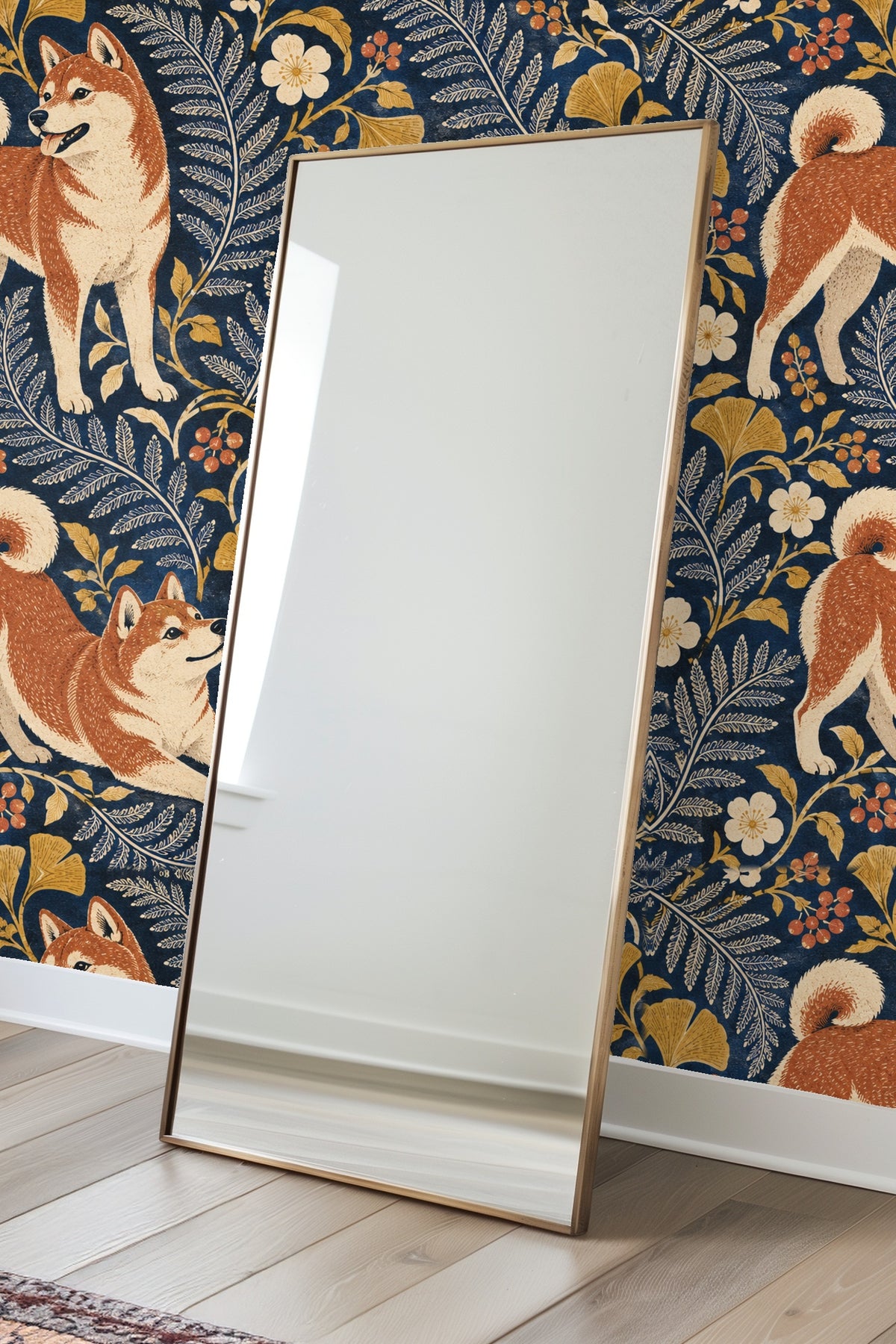 Navy Shiba Floral Folio wallpaper shown in an interior setting