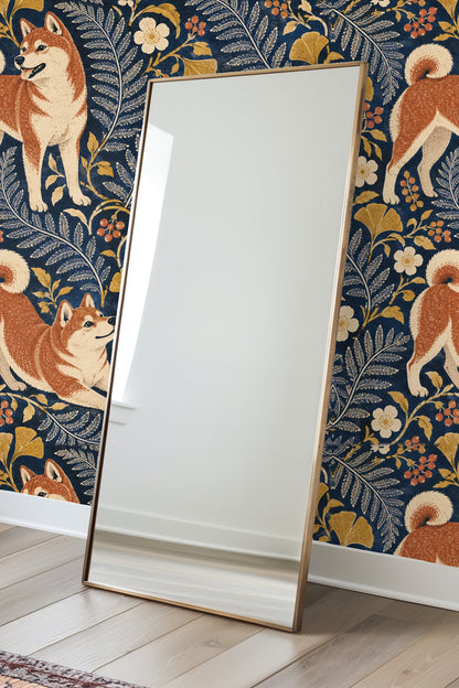 Navy Shiba Floral Folio wallpaper shown in an interior setting