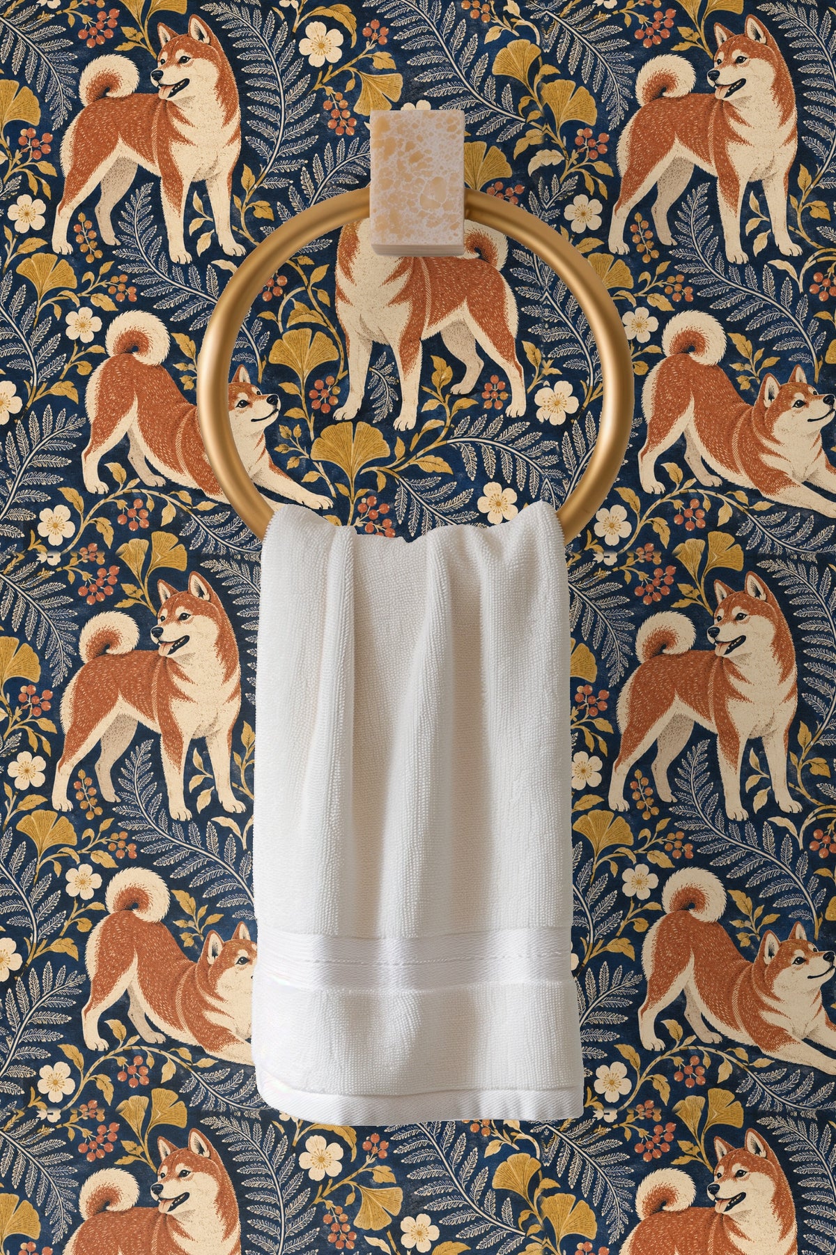 Navy Shiba Floral Folio wallpaper shown in an interior setting