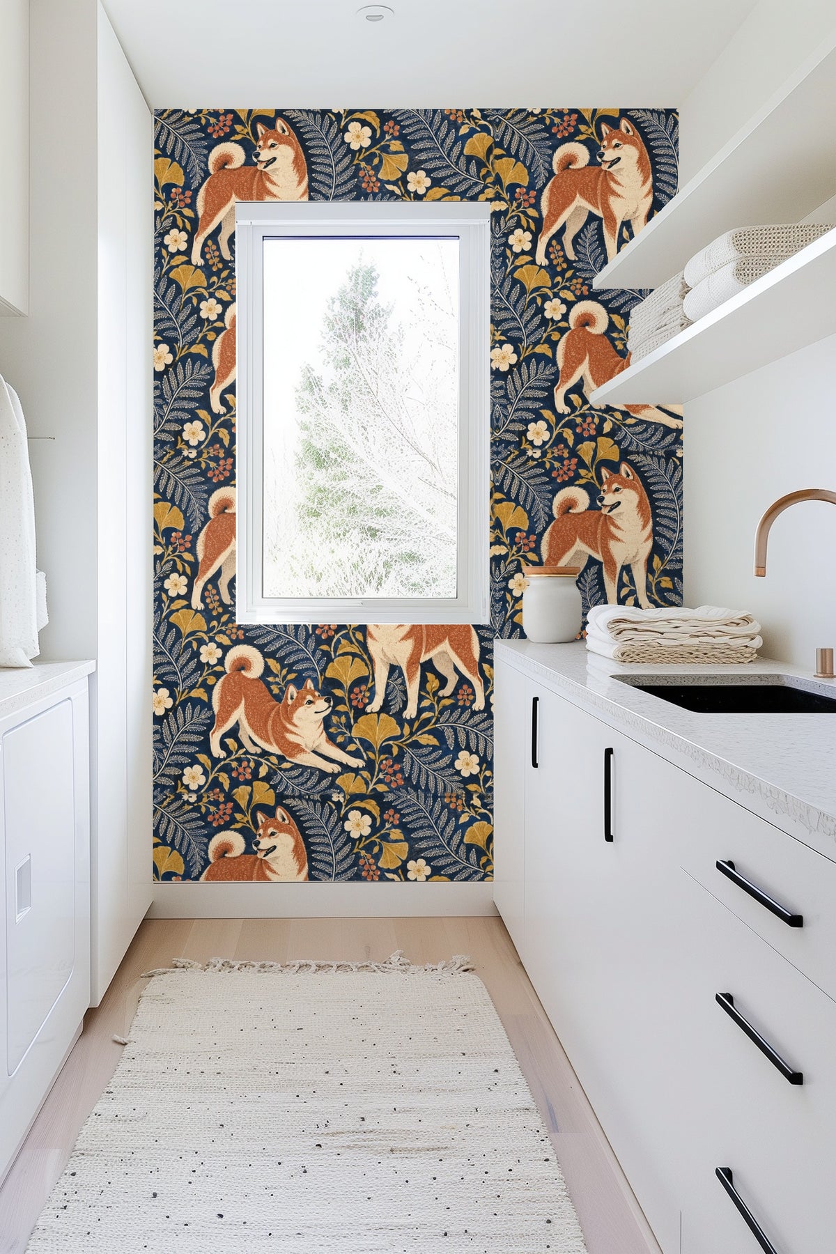 Navy Shiba Floral Folio wallpaper shown in an interior setting