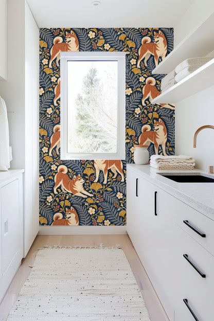 Navy Shiba Floral Folio wallpaper shown in an interior setting