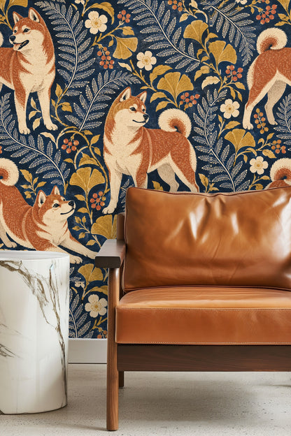 Navy Shiba Floral Folio wallpaper shown in an interior setting