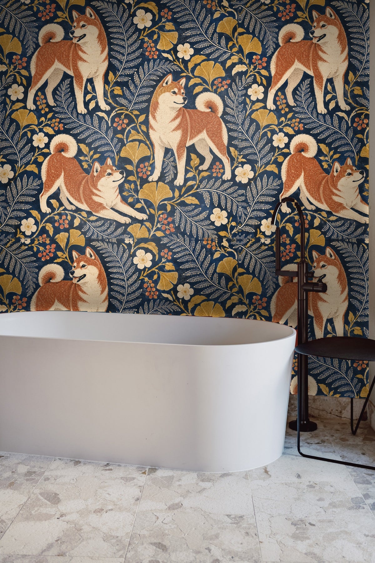 Navy Shiba Floral Folio wallpaper shown in an interior setting