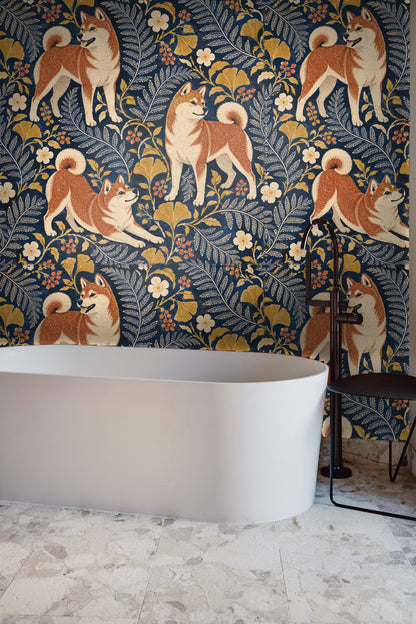 Navy Shiba Floral Folio wallpaper shown in an interior setting