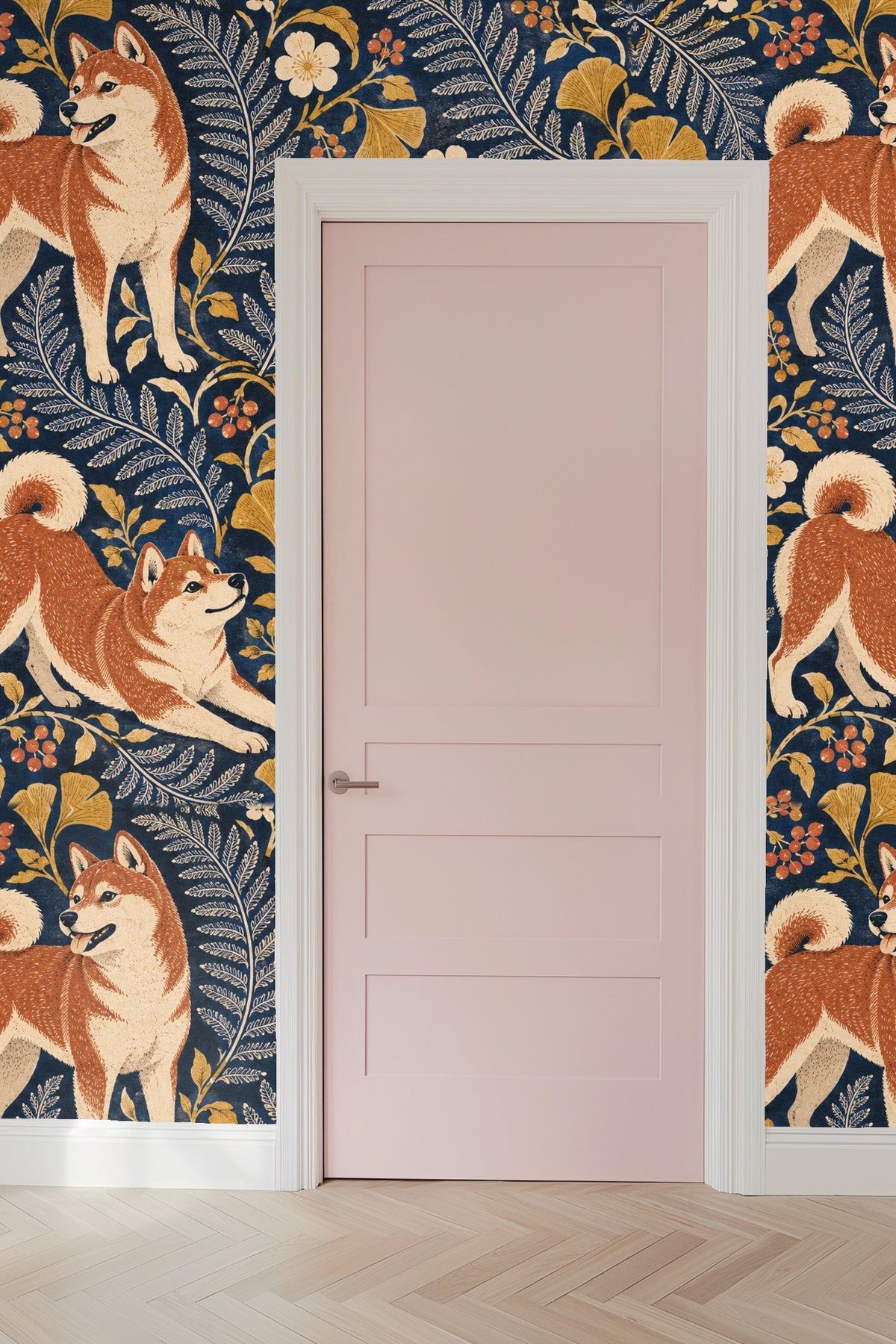 Navy Shiba Floral Folio wallpaper shown in an interior setting