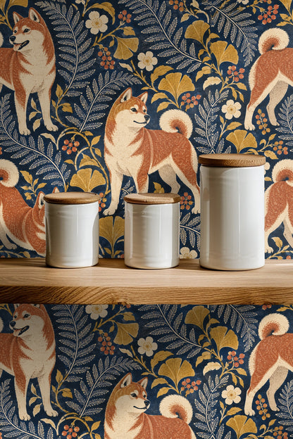 Navy Shiba Floral Folio wallpaper shown in an interior setting