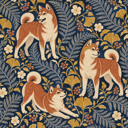 Navy Shiba Floral Folio wallpaper shown in an interior setting