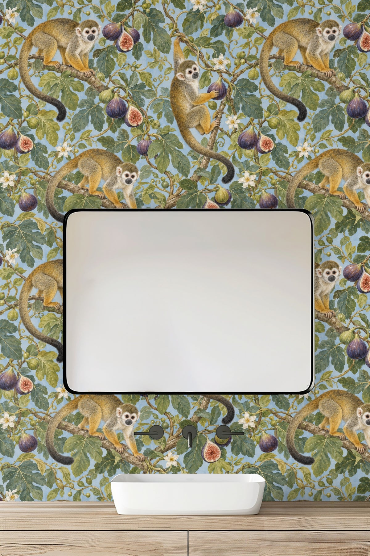 Detail showing a squirrel monkey holding a fig on the wallpaper