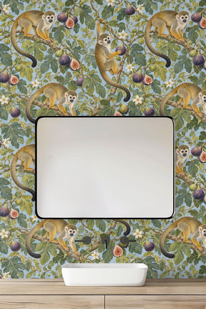 Detail showing a squirrel monkey holding a fig on the wallpaper