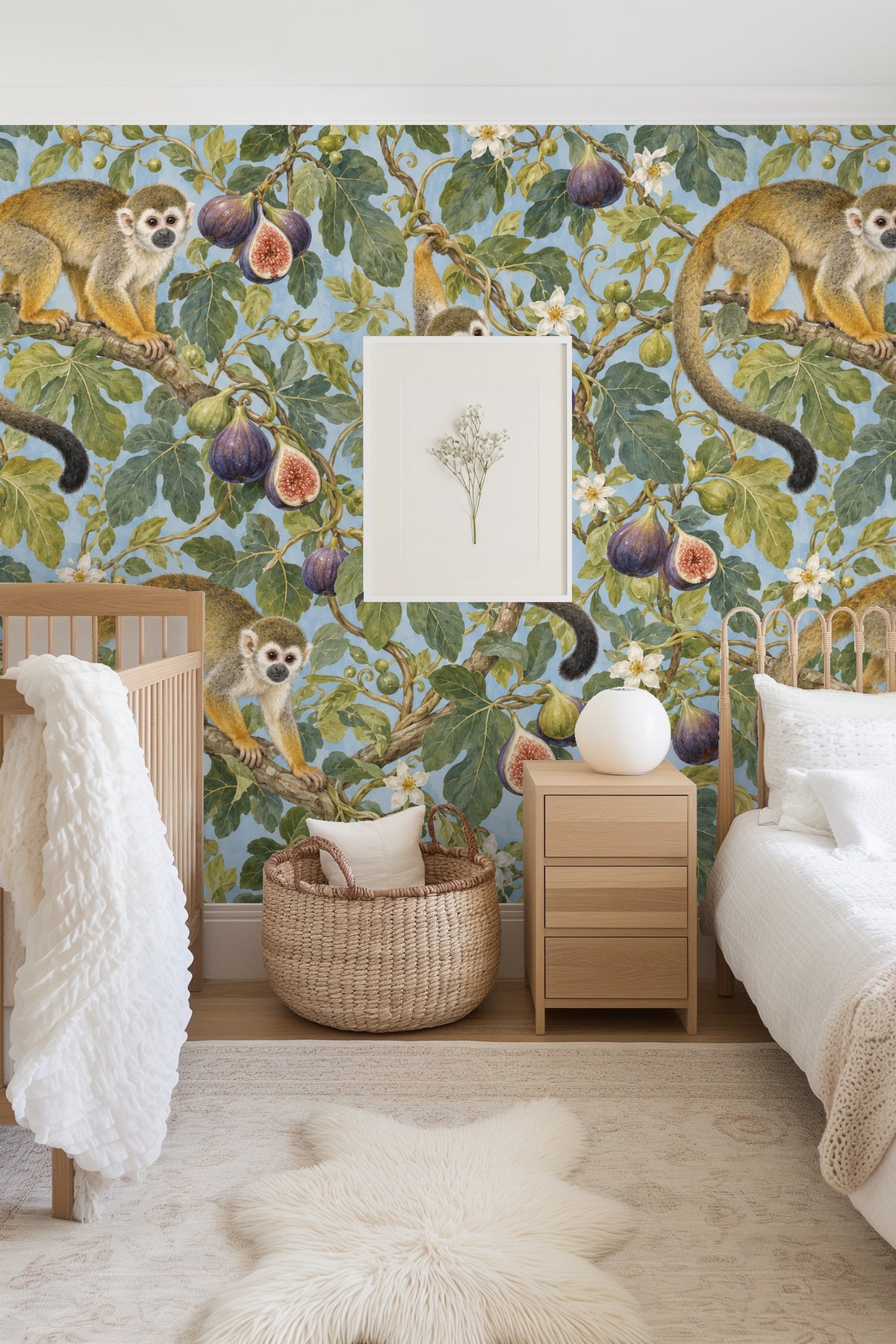 Bedroom scene with the wallpaper behind a green bed with complementary bedding and pillows
