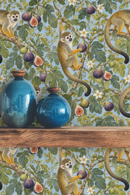 Close-up of squirrel monkey and fig detail on wallpaper