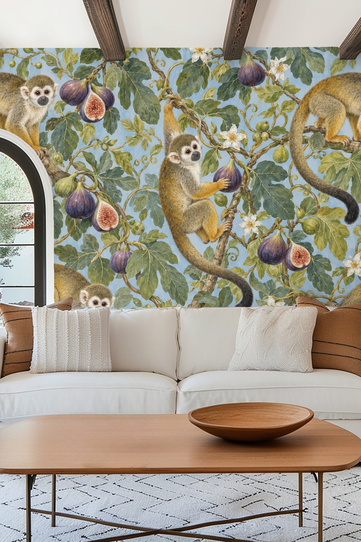 Fig fruits and leaves cluster detail on the wallpaper