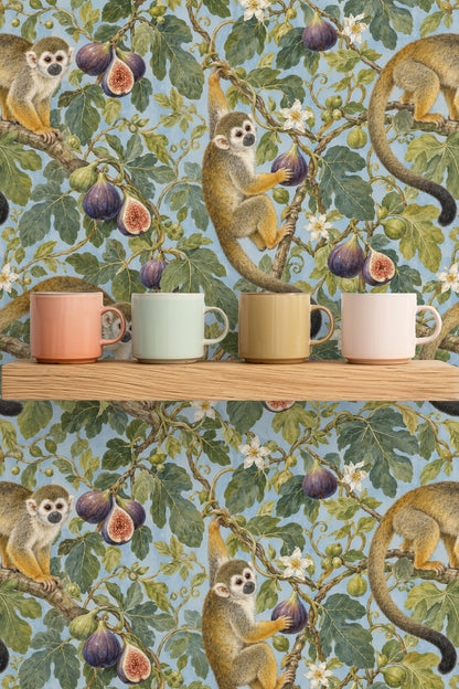 Wallpaper detail highlighting fine line work of leaves and monkeys