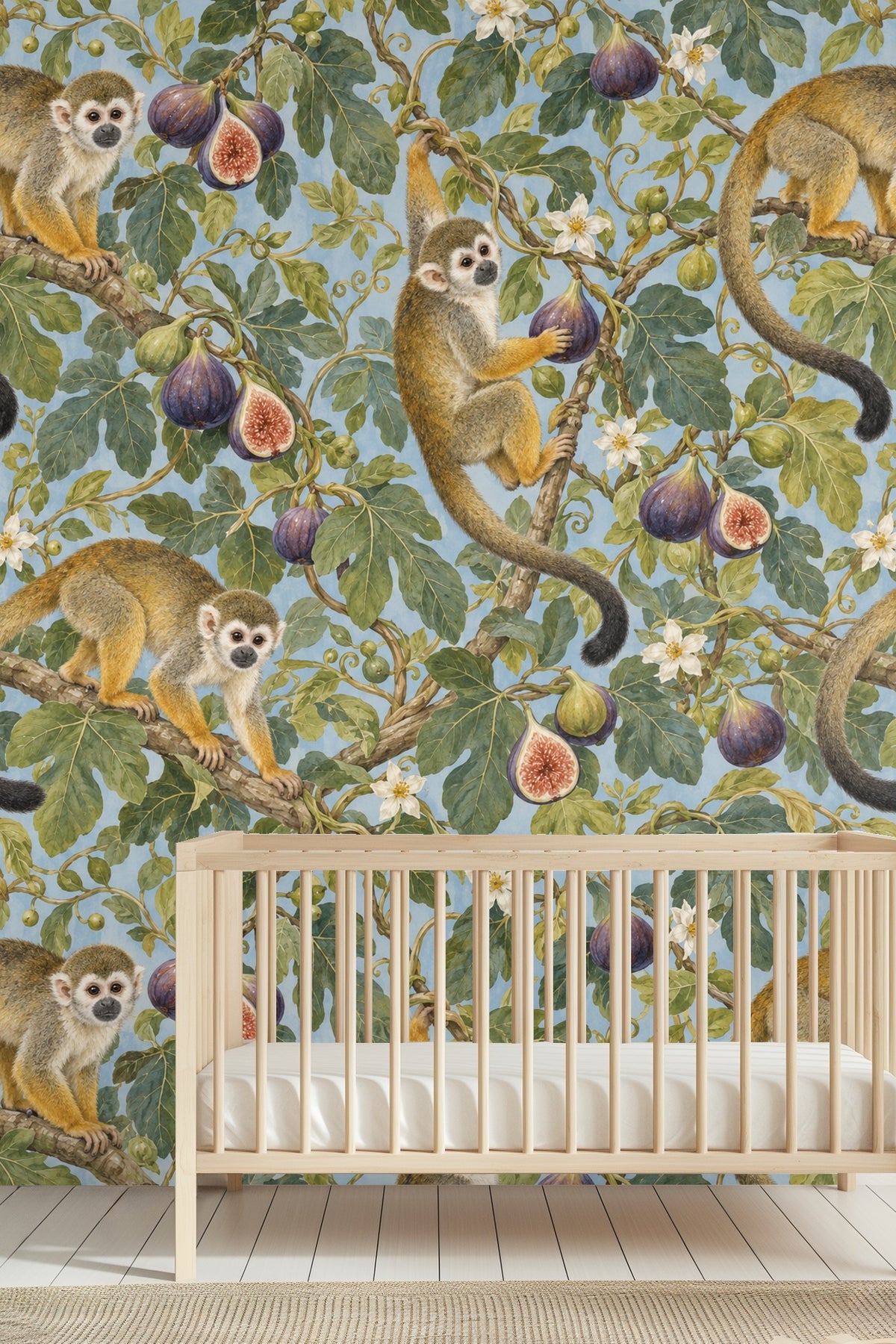 Overall repeat pattern of monkey and fig motifs