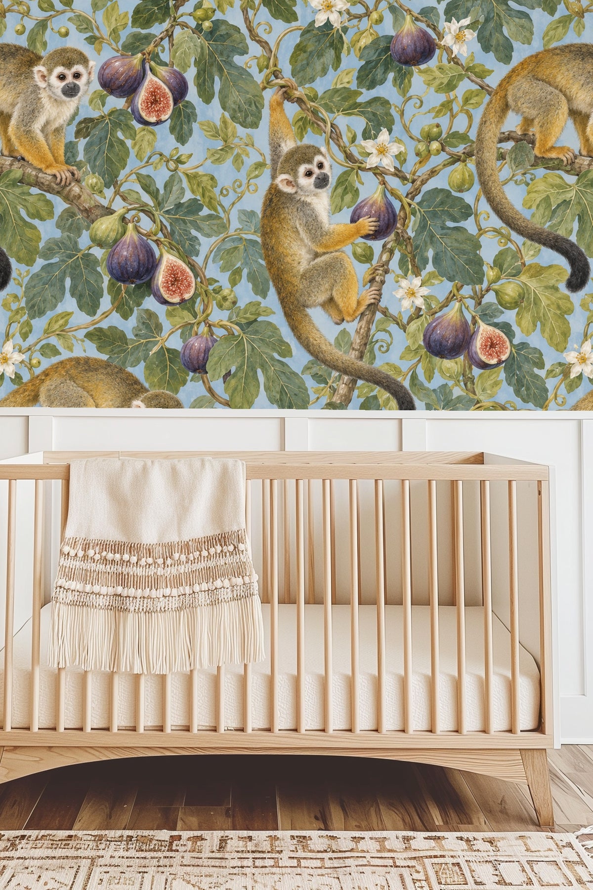 Squirrel monkey climbing branch in wallpaper pattern