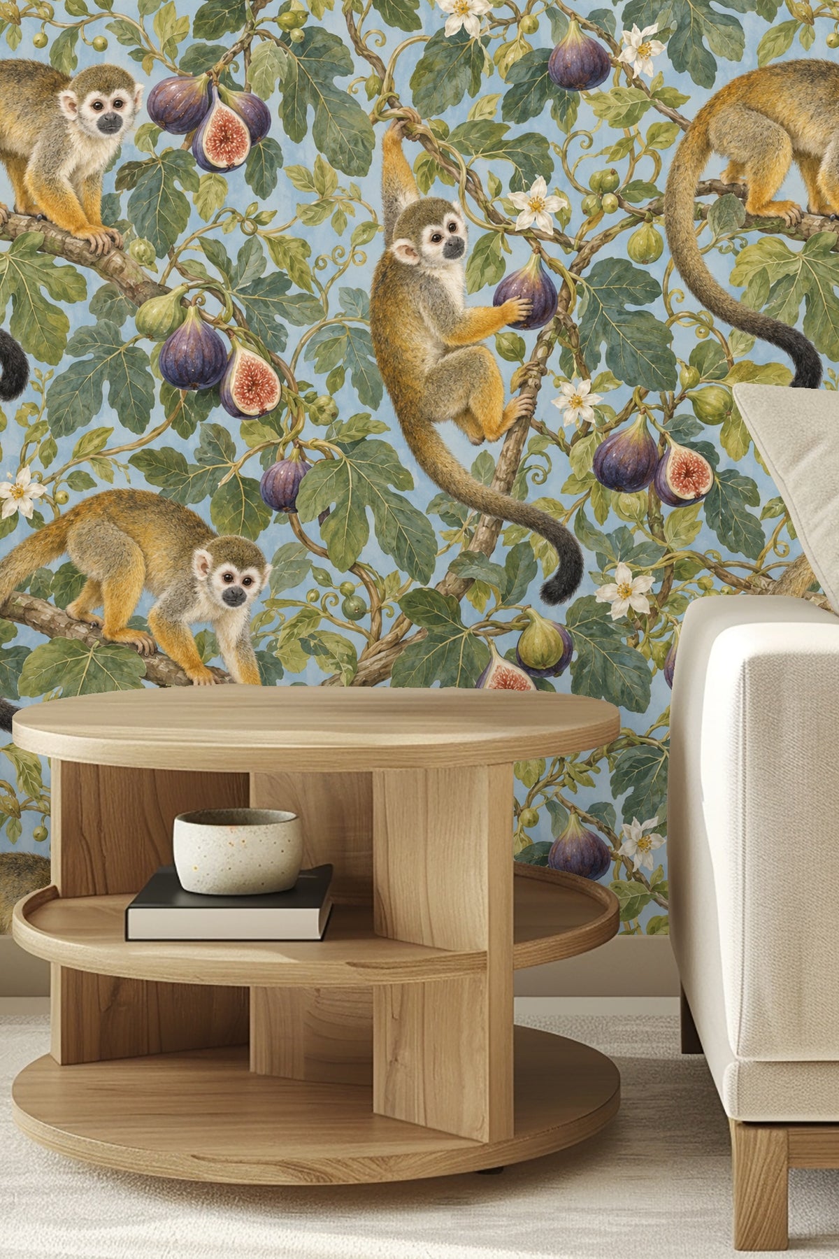 Wallpaper pattern featuring squirrel monkeys among fig tree branches with figs and flowers on a blue background