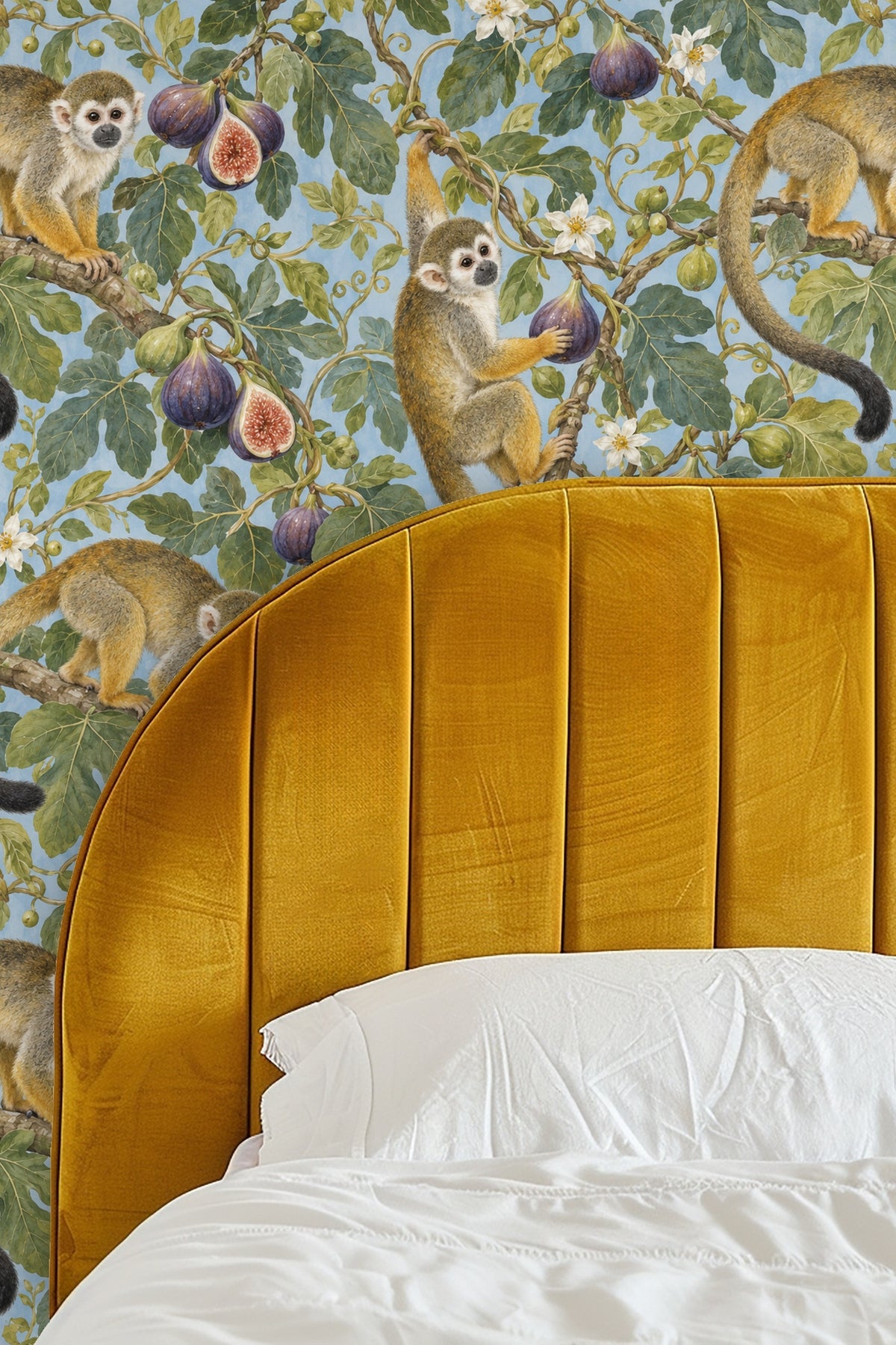 White fig flowers amidst green leaves on wallpaper