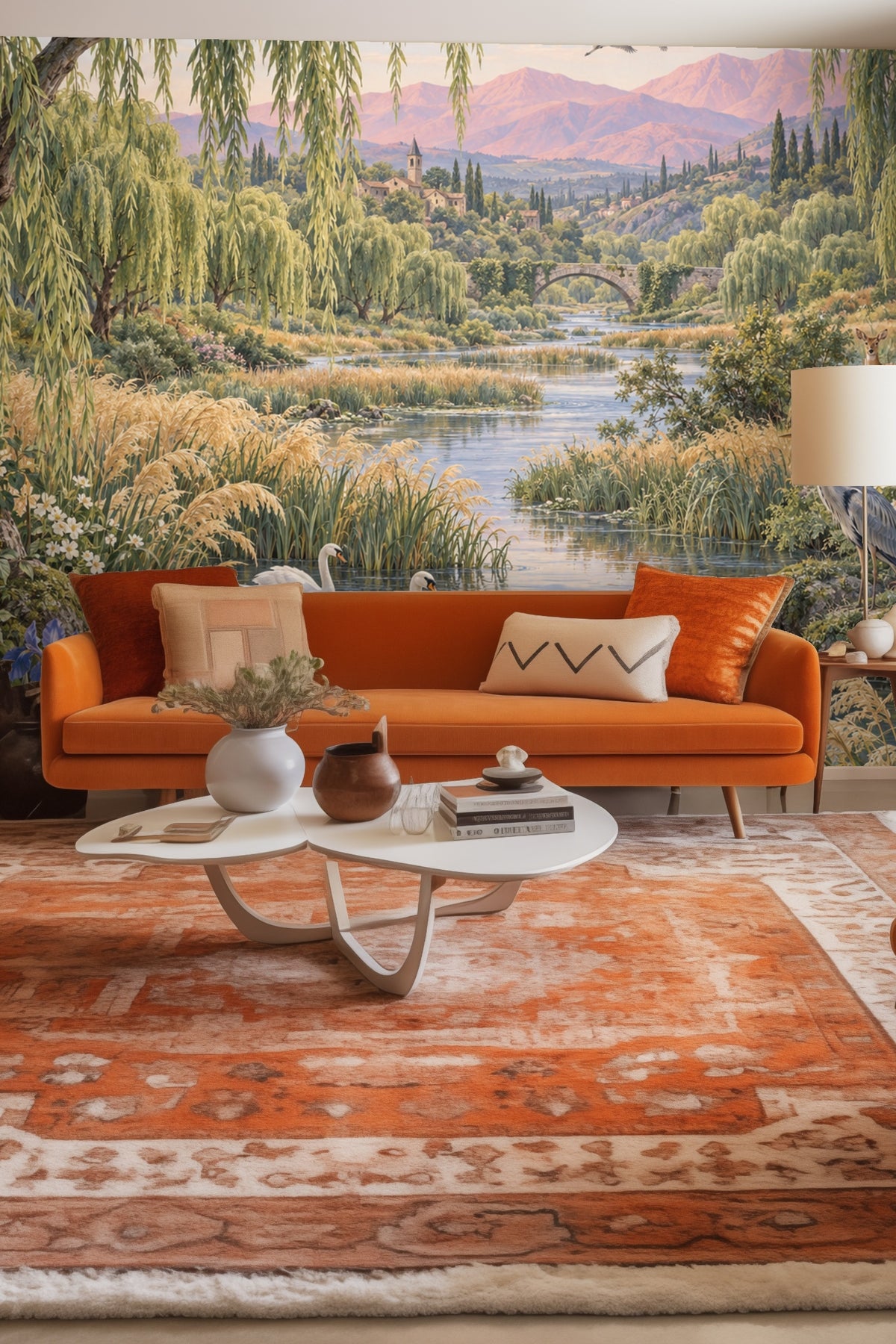 Detailed view of artwork showing copper willow trees over a calm river with swans and heron