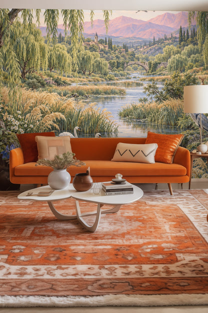 Detailed view of artwork showing copper willow trees over a calm river with swans and heron
