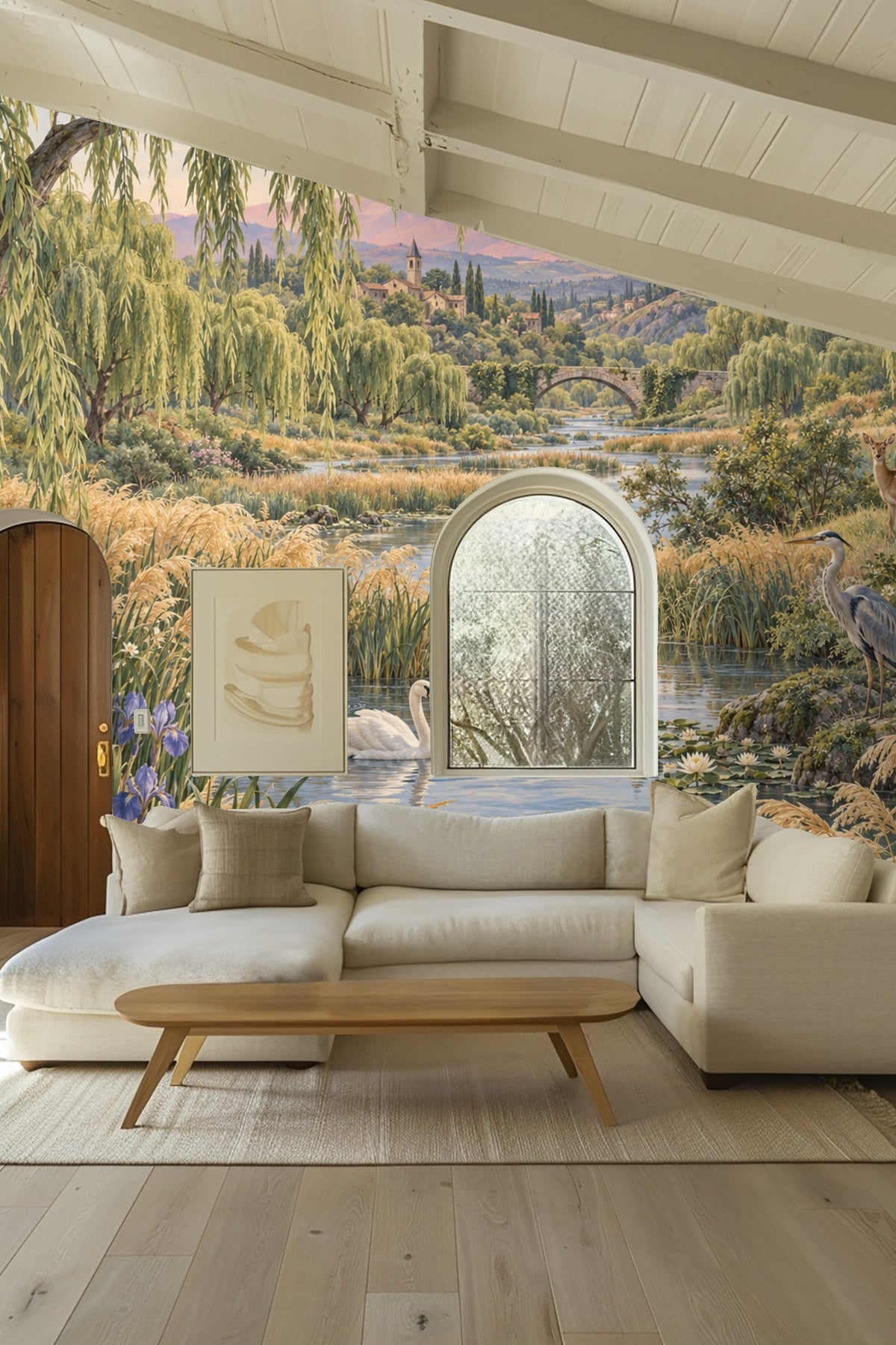 Bedroom headboard with wallpaper mural featuring willow trees, river, and pink mountain sunset