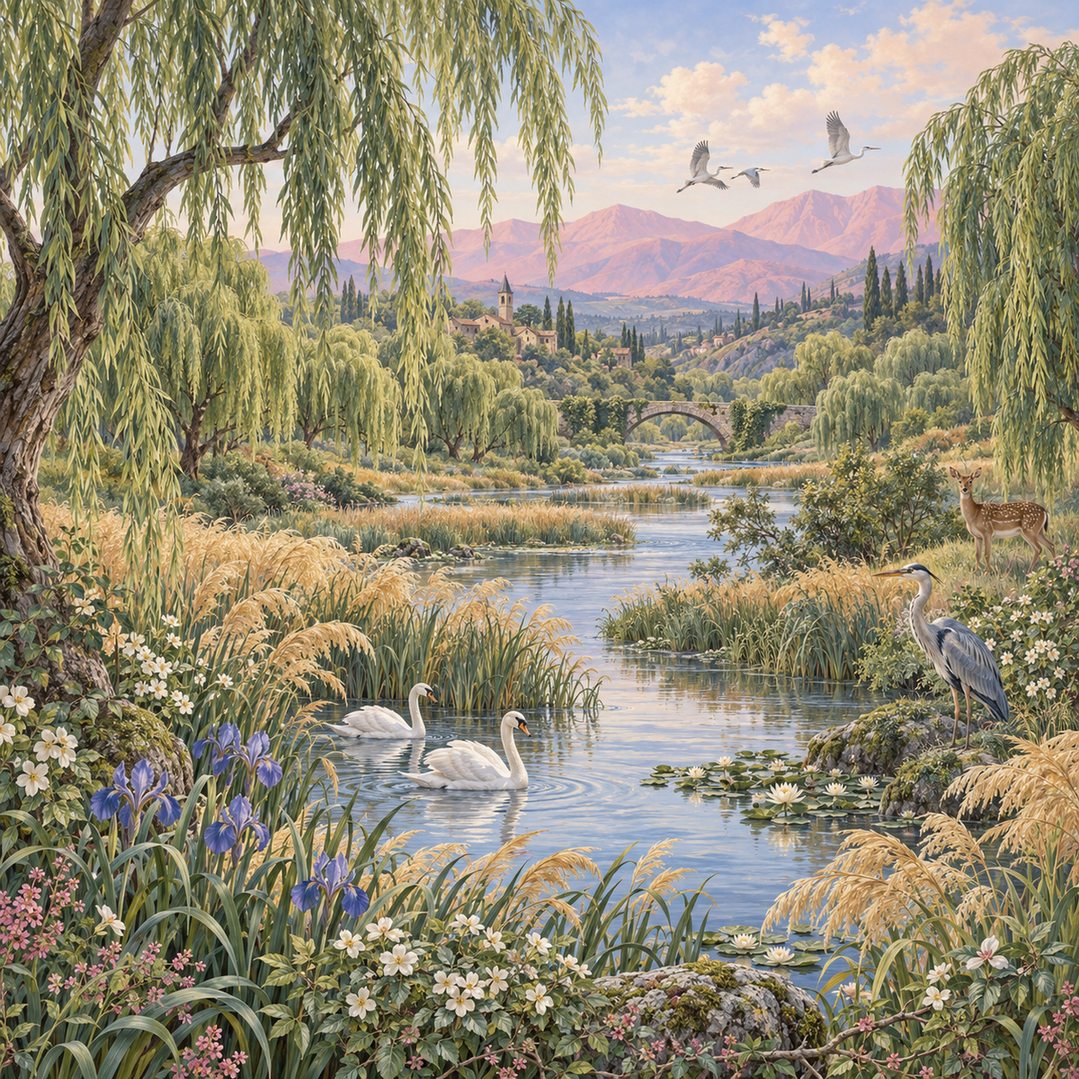 A wide view revealing the layered depth of the valley scene with varied greens and soft pinks