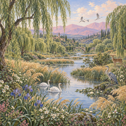 A wide view revealing the layered depth of the valley scene with varied greens and soft pinks