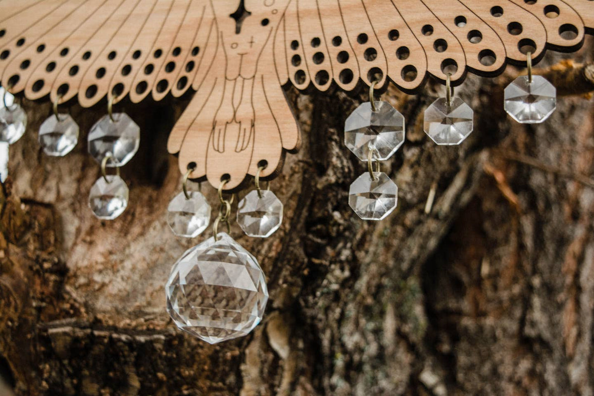 Owl Wooden Wall Hanging Bird Suncatcher w/ Crystal Prisms by HEX Botanical — view 5