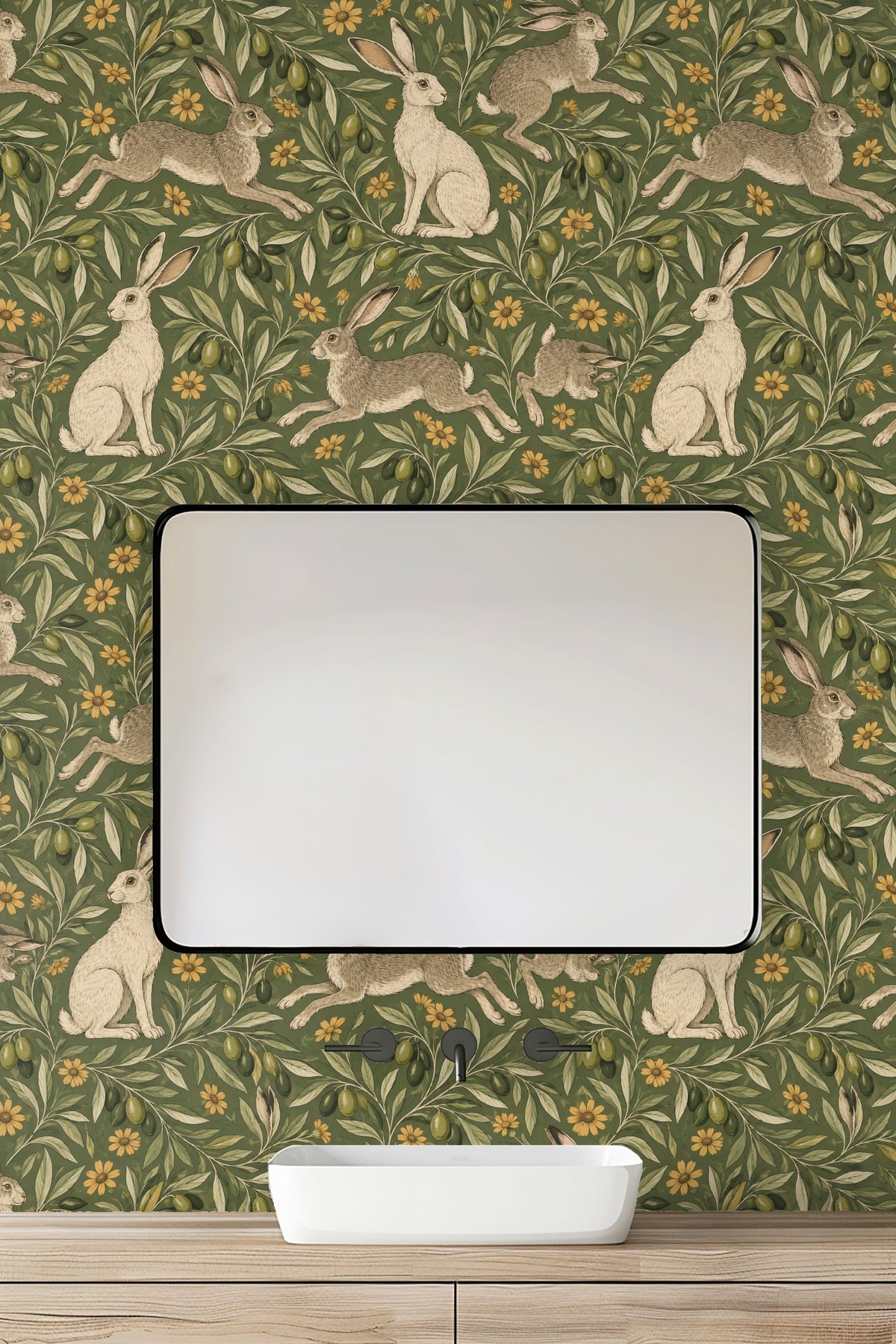 Yellow daisies scattered throughout the naturalist wallpaper design.
